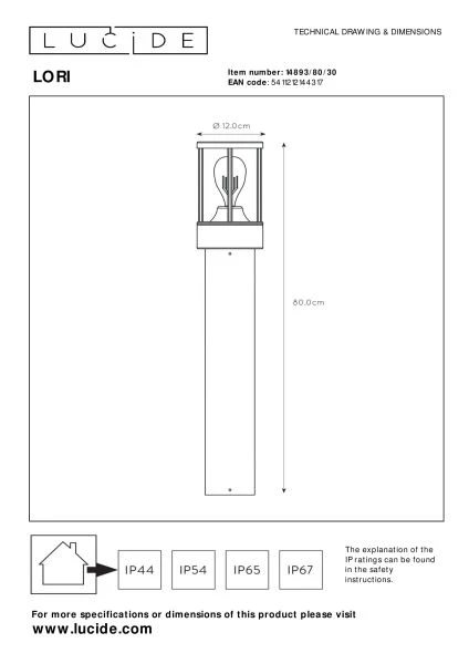 Lucide LORI - Pollerleuchte - 1xE27 - IP44 - Tag / Nacht-Sensor - Anthrazit - TECHNISCH